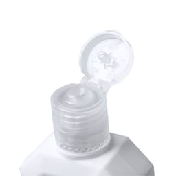 A white hand sanitiser bottle with a flip-top cap, featuring a slight indentation at the top and a logo.