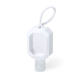 A hand sanitiser in a white octagonal bottle with a clear liquid inside and a loop for attachment.