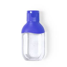 A clear hand sanitiser bottle with a blue cap, featuring a sleek and simple design.