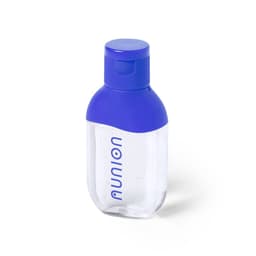 A hand sanitiser bottle with a clear body and a blue cap. It features a logo on the front.