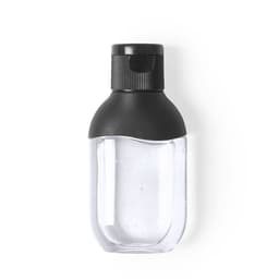 A clear hand sanitiser bottle with a black cap, featuring a sleek design and a branding logo.