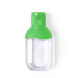 A hand sanitiser bottle with a clear container and a green cap. The contents are visibly liquid.