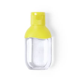A hand sanitiser bottle with a clear body and a yellow cap. It has a rounded shape for easy grip.
