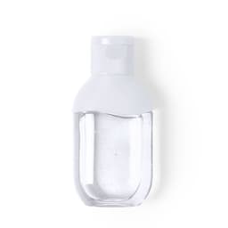 A clear hand sanitiser bottle with a white flip-top cap. The bottle has a smooth shape and contains a gel-like liquid.