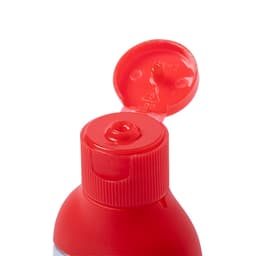 A hand sanitiser bottle with a red cap and a clear body, featuring a flip-top opening.