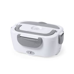 A white electric lunch box with grey accents and a handle, featuring a round steam vent on the lid.