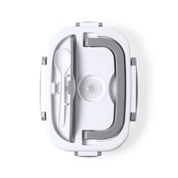 A white electric lunch box with grey handles, featuring a compartment for utensils and a lid design.