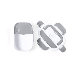 A white and grey electric lunch box with detachable compartments and a spoon included. It also features a logo.