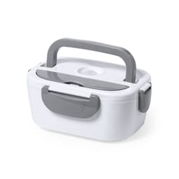 A white electric lunch box with a grey handle and accents, featuring a secure lid. It has a logo on it.