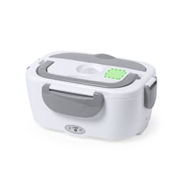A white and grey electric lunch box with a handle, featuring a logo and buttons on the front.