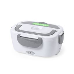 A white and grey electric lunch box with a latch and a small indicator light. Features a smooth, rounded design.