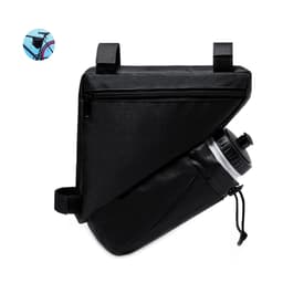 A black bike bag with a drink bottle, featuring a zipper compartment and a logo. Ideal for various storage needs.