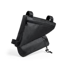A black bike bag with a triangular design, featuring zippers and adjustable straps for secure attachment.