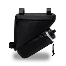 A black bike bag with a drink bottle holder, featuring zippers and adjustable straps. It has a minimalist design.
