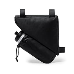A black bike bag with a drink bottle secured inside, featuring adjustable straps and a sleek design.