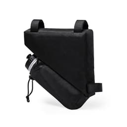 A black triangular bike bag with a drink bottle partially visible, featuring straps for attachment.