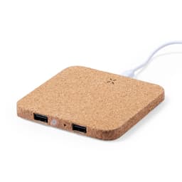 A wireless charger with a cork finish, featuring two USB ports and a cable attached.