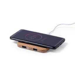A wireless charger in a natural cork design, with a smartphone charging on top and USB ports visible.