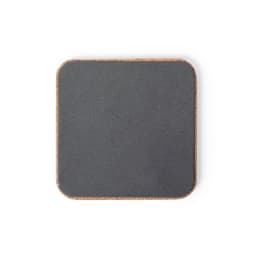 A sleek black wireless charger with rounded corners and a light wood base, featuring a logo.