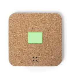 A square wireless charger in natural cork colour featuring a simple green charging indicator and a logo.
