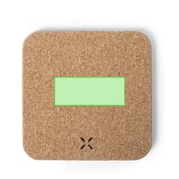 A square wireless charger in a natural cork finish, featuring a green highlighted area and a minimalist design.