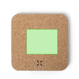 A square wireless charger with a cork texture and a green rectangular charging area. It features a design logo.