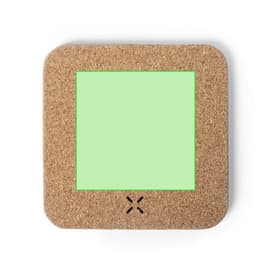 A square wireless charger with a cork exterior and a light green charging surface, featuring a logo.