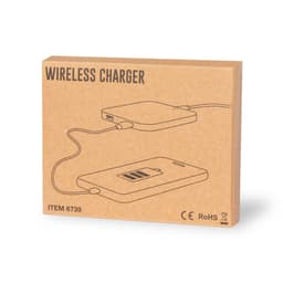 A wireless charger displayed in a brown box, featuring a simple illustration of the charging device and a logo.