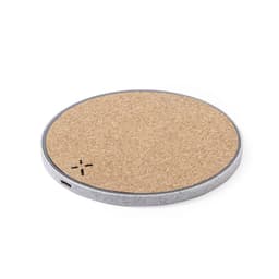 A round wireless charger with a cork top and a silver metal edge, featuring a small logo.