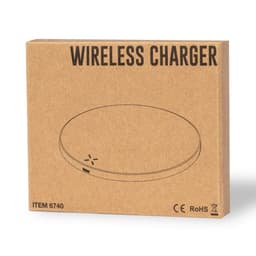 A round wireless charger in a simple cardboard box. The packaging features a logo and minimal design.