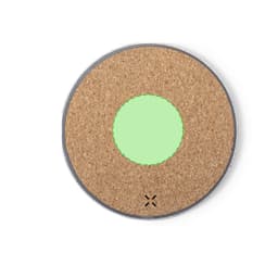 A round wireless charger featuring a cork surface with a central green circle and a small logo.