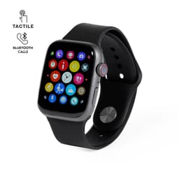 A smart watch with a black band and a colourful touchscreen display, featuring various app icons and a branding logo.