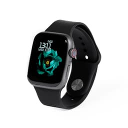 A black smart watch featuring a floral display on the screen and a red side button. It has a sleek design and a smooth finish.