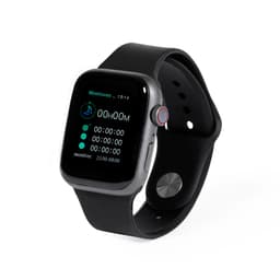 A black smart watch featuring a touchscreen display with various monitoring options and a sleek design.