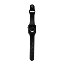 A black smart watch with a sleek design and adjustable strap, featuring a circular sensor on the back and a logo.