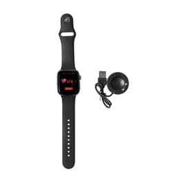 A black smartwatch with a square face and a USB charging cable, accompanied by a round charging dock.