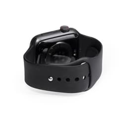 A black smart watch with a sleek design, featuring a round face and a silicone strap, with a logo on the side.