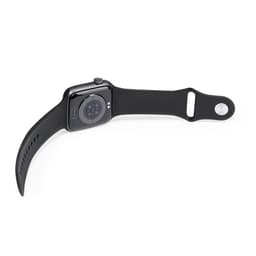 A black smartwatch with a smooth band and a circular sensor on the back. It features a logo.