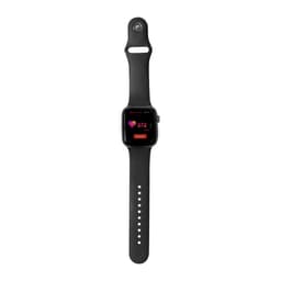 A black smart watch with a touchscreen display and a silicone strap, featuring fitness tracking functions.