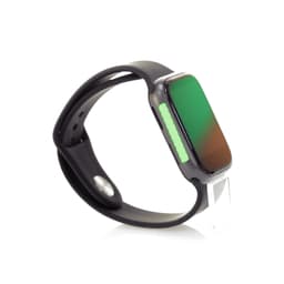 A smart watch with a sleek black strap and a curved, multi-coloured display. It features a logo on the side.