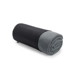 A rolled grey blanket with a black outer cover, featuring a branding logo.