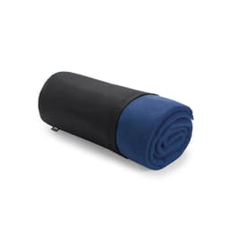 A rolled blanket in navy blue, encased in a black storage sleeve, featuring a logo on the sleeve.