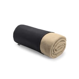 A rolled blanket in beige with a black exterior cover, featuring a small branding tag.
