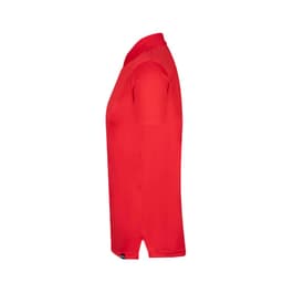 A red Dekrom polo shirt with short sleeves, featuring a side profile view and a logo.