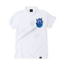 A white polo shirt featuring a blue graphic design and a logo on the side.