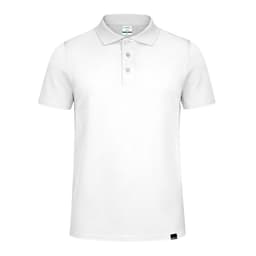 A white polo shirt featuring a collar and three buttons, with a small logo at the hem.