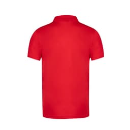A red polo shirt featuring a collar and short sleeves, with a logo on the front.