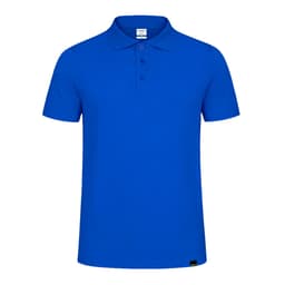 A bright blue polo shirt with a button-down collar and a logo on the hem.