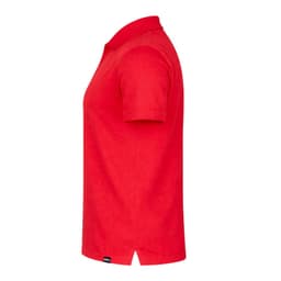 A red Dekrom polo shirt displayed from the side, featuring a collar and short sleeves. It has a logo at the bottom.