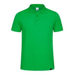 A bright green polo shirt featuring a collar and three buttons, with a logo on the side.